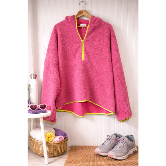 Pink Lily Tops - Pink Lily Sherpa Sweatshirt Women's XL Pink / Green Sherpa Quarter-Button